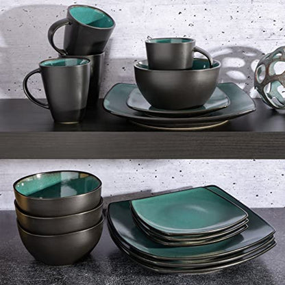 Gibson Elite Soho Lounge 16-Piece Reactive Glaze Dinnerware Set – Teal and Black Tutone Stoneware Plates and Bowls - color: Teal/Black (Soho Lounge), size: Service for 4 (16pcs)