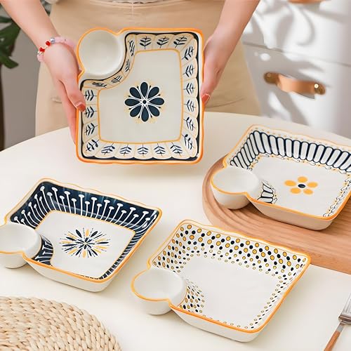 Noamus 4 Pack Dumpling Plate with Dipping Saucer, 7.5" Ceramic Japanese Sushi Platter, Colorful Square Serving Plate with Dish for Home Kitchen, Snack Dessert Salad Fries Fruit Gyoza