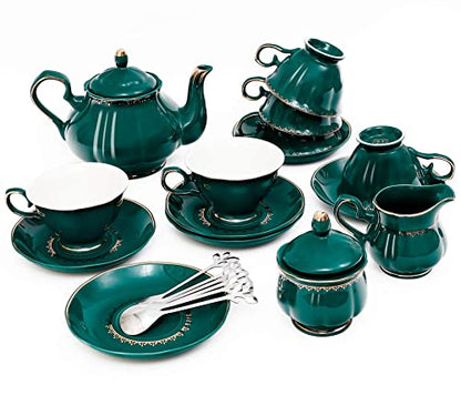 CHENP.HMC Tea Set 22-Piece Porcelain Ceramic Coffee Tea Sets Cups Saucer Service for 6 Teapot Sugar Bowl Creamer Pitcher and Teaspoons Porcelain Tea Set (Dark Green) - color: Dark Green