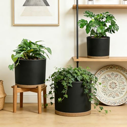 Large Plant Pots Set of 3 – 8", 9", 10" Indoor Flower Pots with Drainage Holes and Saucers, Big Planters for Monstera, Fiddle Leaf Fig, Snake Plant – 5 Colors - color: Black With Brown Base