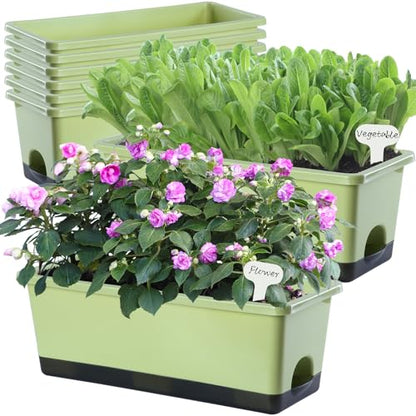 Window Box Planter 8 Pcs, 17 Inches Rectangle Flower Pots with Drainage Holes & Trays, Vegetable Planters for Windowsill Patio Garden Balcony Home Indoor Outdoor (Light Green, 16 * 7 * 6 inch) - color: Light Green