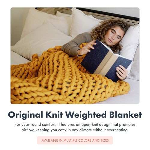 Chunky Knit Blanket - Breathable, Cooling, Hand Made Knit Throw Blanket for Sleep - Machine Washable, Stylish Decor Design (Dusty Blue, Throw | 12lbs | 44"x60") | Soft jersey-knit Dusty Blue shell, 100% recycled hypoallergenic fill. Cooling weighted blank