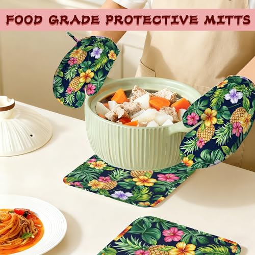 Pineapple Heat-Resistant Silicone Oven Mitts and Pot Holders,Hawaiian Tropical Palm Leave Flower Long Oven Gloves with Non-Slip Grip for Cooking, Baking, Grilling,BBQ - color: Pineapple Hawaiian Tropical Palm Leave Flower