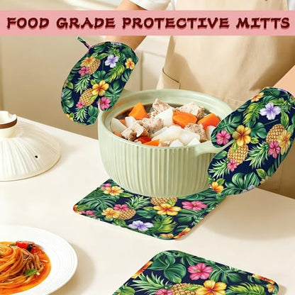 Pineapple Heat-Resistant Silicone Oven Mitts and Pot Holders,Hawaiian Tropical Palm Leave Flower Long Oven Gloves with Non-Slip Grip for Cooking, Baking, Grilling,BBQ - color: Pineapple Hawaiian Tropical Palm Leave Flower