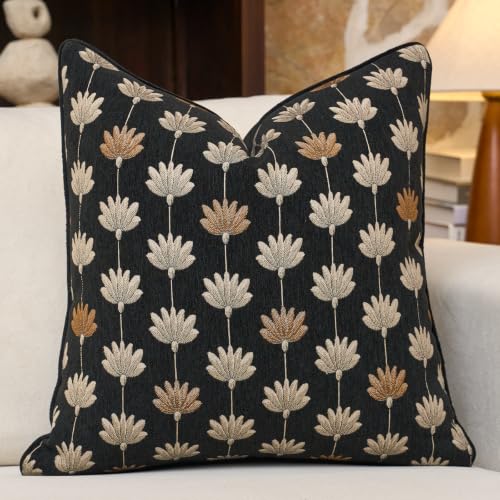Throw Pillow Cover 20x20, Black Floral Soft Decorative Pillow Cover | Farmhouse Home Decor, Neutral Jacquard Patterned, Chenille Square Throw Pillow Cover, Accent Cushion Cover, Adding Texture - color: Black Floral, size: 20" x 20" (Pack of 1)