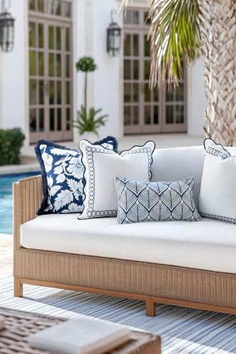 Hofdeco Premium Coastal Patio Indoor Outdoor Lumbar Pillow Cover Only, 12"x20" Water Repellent for Backyard, Couch, Navy Blue Print Geometric Leafs - color: Navy Blue Geometric Leafs 12"x20"