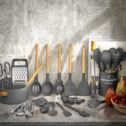 Umite Chef Silicone Kitchen Utensil Set, 34PCS Heat Resistant Kitchen Gadgets and Tools With Grater, Wood Handles for Nonstick Cookware (Dark Gray) - color: Dark Gray