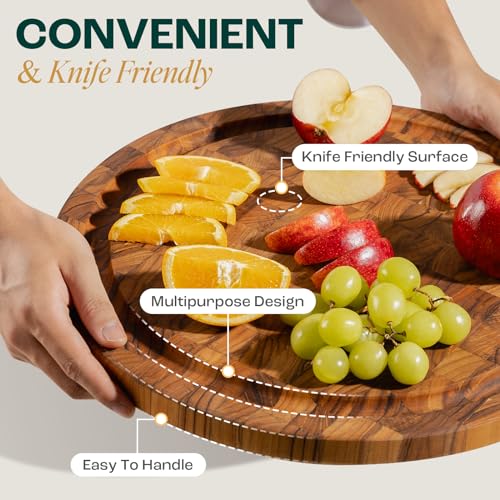 Yes4All Round Teak Cutting Boards for Kitchen, [16"D x 1"Thick] End Grain Cutting Board, Teak Wood Serving Board, Food Safe Surface for Slicing and Serving, Wood Charcuterie Board with Build In Handle - size: 16"L x 1"W, style: Teak