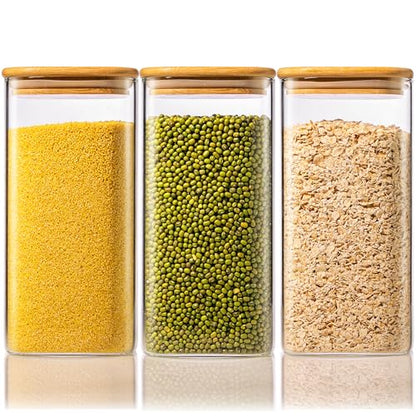 57 oz Square Glass Food Storage Containers with Airtight Bamboo Lids, 3Pack | Pantry Jars for Flour, Sugar, Pasta & Spices, 3mm Borosilicate Glass Canisters Keep Food Dry & Fresh, Easy to Fill & Clean - color: 57oz 3 Pack
