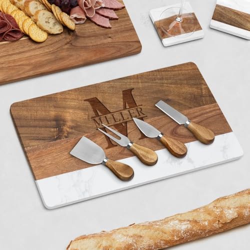 HomeWetBar Personalized Acacia Charcuterie Board With cheese Knives | Custom 16 x 9 x 1/2 White Marble & Acacia Wood Cheese Board | Perfect Housewarming + Wedding + Couples Gift Idea - style: Winslow Cheese Board + Cheese Knives