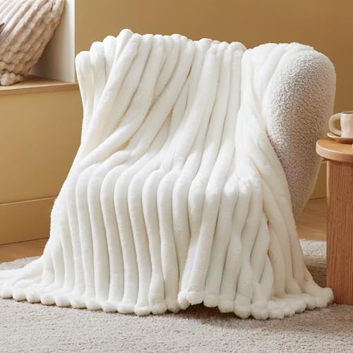 Bedsure White Throw Fluffy Blanket for Bed - 350GSM Super GentleSoft Fuzzy Cozy Fleece Blankets for Women, Cute Small Plush Throws for Girls, 50x60 Inches, Wider Striped Design - color: 01 - White, size: Throw (50" X 60")