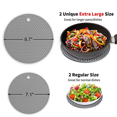 Silicone Trivet Mats - Walfos Heat Resistant Pot Holders Set, 4pcs 2 Sizes 7 Inch & 9 Inch, Multipurpose Non-Slip Hot Pads for Hot Pot, Hot Dishers, Jar Opener, Food Grade & BPA Free (Nordic Grey) - style: 7+9in, 4 Nordic Grey Round