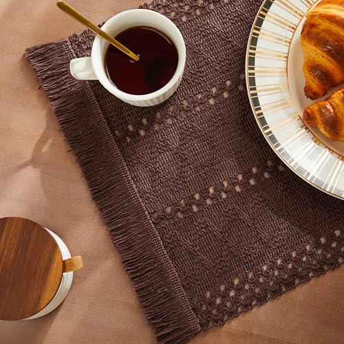 Macrame Style Boho Placemats Set of 4, Chocolate 12x20 Inch | Decorative Farmhouse Table Mats, Natural Cotton Woven Place Mats, Bohemian Home Decor for Kitchen Dining Table - color: Chocolate, size: Set of 4