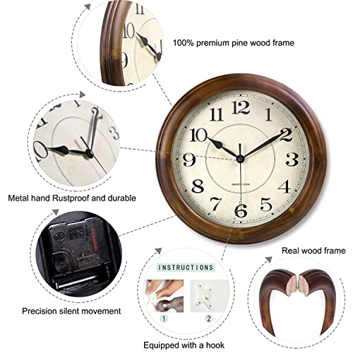 Kesin Wall Clock Wood 14 Inch Silent Wall Clocks Large Decorative | Battery Operated Non Ticking Analog Retro Clock for Living Room, Kitchen, Bedroom