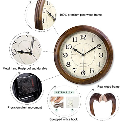 Kesin Wall Clock Wood 14 Inch Silent Wall Clocks Large Decorative | Battery Operated Non Ticking Analog Retro Clock for Living Room, Kitchen, Bedroom