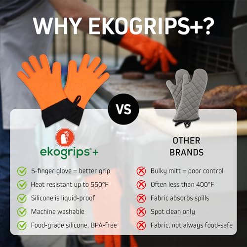 Ekogrips Plus Oven Gloves with Fingers, Comfy Waterproof Silicone Oven Mitts Heat Resistant with Long Cuff, Insulated BBQ Gloves Perfect for Grilling, Baking, Smoker, Canning, and Pizza, Black, OSFM - color: Black, size: OSFM