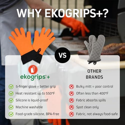 Ekogrips Plus Oven Gloves with Fingers, Comfy Waterproof Silicone Oven Mitts Heat Resistant with Long Cuff, Insulated BBQ Gloves Perfect for Grilling, Baking, Smoker, Canning, and Pizza, Black, OSFM - color: Black, size: OSFM