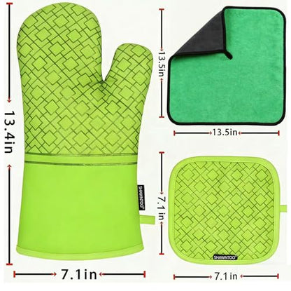 Oven Mitts and Pot Holders Sets 6pcs, Kitchen Oven Glove,High Heat Resistant 550 Degree Extra Long Oven Mitts and Potholders with Non-Slip Silicone Surface for Home Essentials (Grey) (Meadow Green) - color: Meadow Green