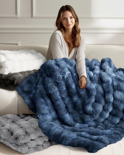 Ultra Soft Cozy Faux Fur Throw Blanket, Fuzzy Plush Thick Bubble Blanket, Oversize Luxury Fluffy Blanket for Couch, Sofa, Bedroom, and Living Room,50x60 Inches,Blue - color: Blue, size: Throw