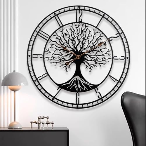 Dankeit Tree of Life Wall Clock, 24Inch Metal Black Family Tree Oversized Wall Clocks for Living Room Bedroom Home Decor, Modern Silent Mid-Century Battery Operated - color: B