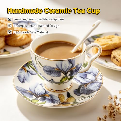 Bone China Tea Cup and Saucer Set with Spoon, 7 Oz Elegant Floral Teacup, British Style Porcelain Cup and Saucer, Gift for Women, Birthday and Christmas - color: flower-W01