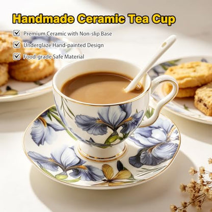 Bone China Tea Cup and Saucer Set with Spoon, 7 Oz Elegant Floral Teacup, British Style Porcelain Cup and Saucer, Gift for Women, Birthday and Christmas - color: flower-W01