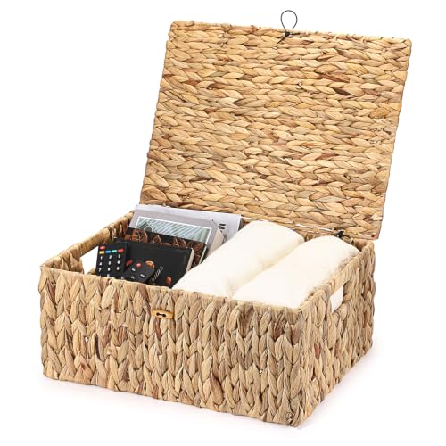 Wicker Basket with Lid Water Hyacinth Storage Baskets for Shelves | Woven box with built-in handles, Rectangular decorative box for organizing bathroom & kitchen, Home decor, 14.2 x 9.4 x 7.1" - size: 14.2"L x 9.4"W x 7.1"H