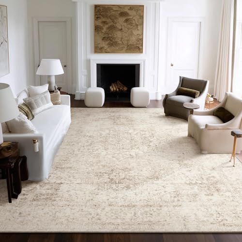 Machine Washable Rugs for Living Room: 9x12 Area Rugs for Bedroom | Ultra Soft,Non-Slip,Low Pile,Vintage Distress,Boho,Large,Carpet,High-Traffic,Dining Room,Nursery Room,Farmhouse Decor - color: Beige/Light Brown/Multi, size: 9' x 12' (Rectangular)