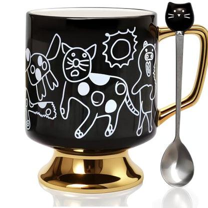 Christmas Mugs Whimsical Animal Ceramic fun Coffee Mug – 14oz Childlike Hand-Drawn Cat, Dog & Bear Design – Cute gothic Coffee Cup Gift for Women, Girls, Kids (Black) - color: Black