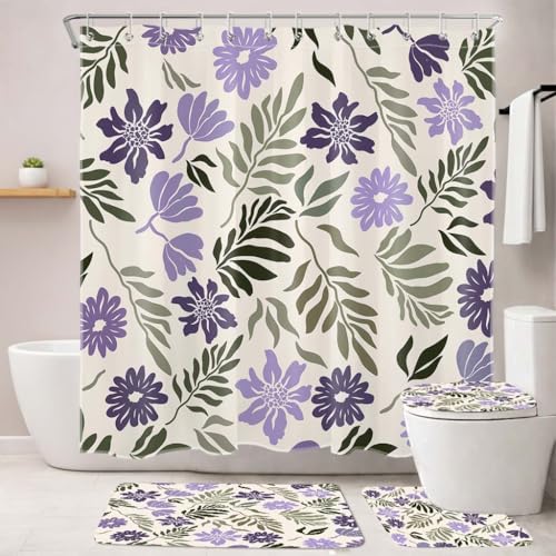 MASLEK 4 Piece Purple Floral Shower Curtain Set, Boho Bathroom Decor | 72W x 72L Inches; includes shower curtain, bath mat, contour rug, toilet lid cover and 12 hooks for coordinated decor. - color: Purple