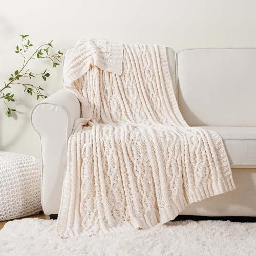 Battilo Cream White Ivory Throw Blanket for Couch, 51x 67 Inch, Woven Chenille Knit Throw Blanket for Chair, Super Soft Warm Decorative Textured Throw Blanket for Bed, Sofa and Living Room. | White Throw Blanket, Ivory Knit Blanket, Soft Woven Chenille Kn