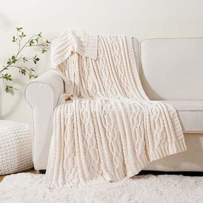 Battilo Cream White Ivory Throw Blanket for Couch, 51x 67 Inch, Woven Chenille Knit Throw Blanket for Chair, Super Soft Warm Decorative Textured Throw Blanket for Bed, Sofa and Living Room. | White Throw Blanket, Ivory Knit Blanket, Soft Woven Chenille Kn