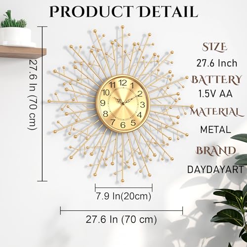 Large Modern Gold Wall Clock Decorative Mid Century Sunburst Branch Wall Clocks, Minimalism Metal Big Silent Clock, Luxury Home Gift Decor for Living Room, Bedroom, Dining Room, 28 inch - size: 6.Gold-Branch(Dismountable-70cm)