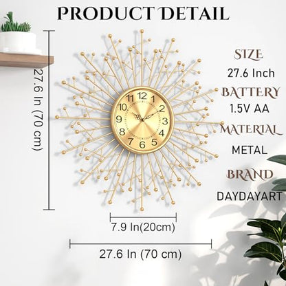 Large Modern Gold Wall Clock Decorative Mid Century Sunburst Branch Wall Clocks, Minimalism Metal Big Silent Clock, Luxury Home Gift Decor for Living Room, Bedroom, Dining Room, 28 inch - size: 6.Gold-Branch(Dismountable-70cm)