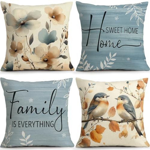 Blue Bird Floral Pillow Covers Set of 4, 18x18 Home Sweet Farmhouse Decor | Faux Linen Blue Bird Floral Pillow Covers with Home Sweet Create Fresh Farmhouse Spring Decor - color: Home Sweet Blue Flowers Birds, size: 18" x 18" (Pack of 4)