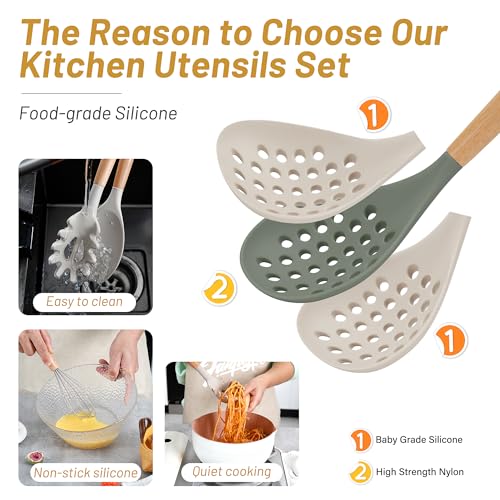 QMVESS Silicone Kitchen Utensils Set, 35 Pcs Non-Stick Cooking Utensils Set, Sturdy Insulation Wooden Handle Kitchen Accessories for Cooking with Spatula Set and Spoons Set Gadgets (Khaki) - color: Khaki