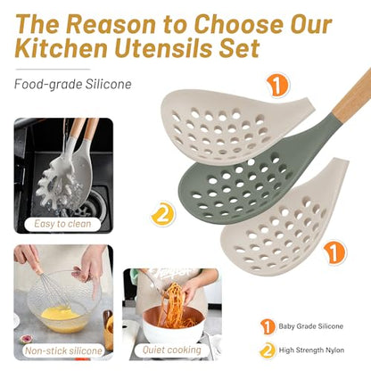 QMVESS Silicone Kitchen Utensils Set, 35 Pcs Non-Stick Cooking Utensils Set, Sturdy Insulation Wooden Handle Kitchen Accessories for Cooking with Spatula Set and Spoons Set Gadgets (Khaki) - color: Khaki