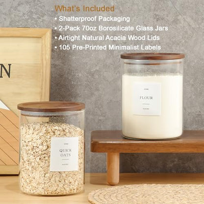 2 Pack Glass Containers with Acacia Lids, 70oz Pantry Airtight Storage Jars | Large Kitchen Canisters with 105 Labels, Pantry Food Storage Containers with Wood Lids for Pasta, Flour, Rice, Cereal - size: 70oz 2 Pack