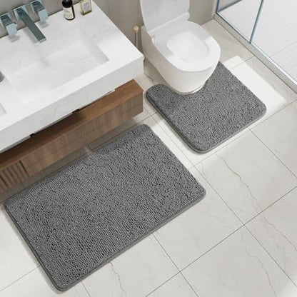 Bathroom Rug Sets 2 Piece, 20"x20" U-Shaped & 21"×34", Grey | Toilet Mat Non Slip Bath Mats Floor Set, Washable Bath Rug Set, Absorbent Soft Bathroom Rug - color: Grey
