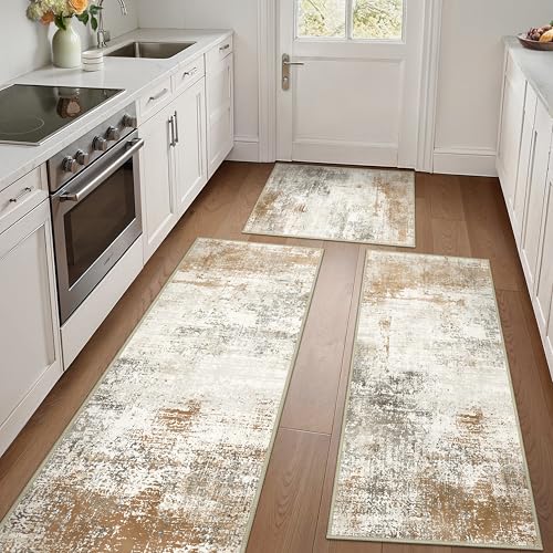 GENIMO Kitchen Rugs Set of 3, Washable Non Slip Kitchen Mats for Floor | 20"x32"&20"x48"&20"x59", Beige Brown vintage abstract rug, soft faux cashmere, low pile, easy-clean for laundry - color: Beige Brown, size: 20"x32"+20"x48"+20"x59"
