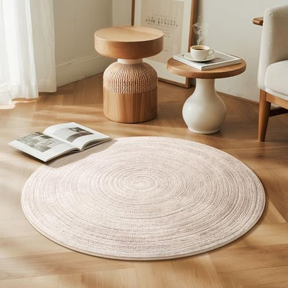 Carvapet Faux Jute Round Rug 3ft, Jute-Like Pattern Design Low Pile Circle Washable Carpet with Non Slip Rubber Backing, Foldable Stain Resistant Small Area Rug for Bedroom Office Bathroom - color: S-khaki, size: 3' (Round)