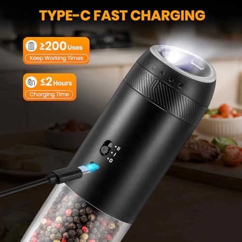 Gravity Electric Salt Grinder Set w/Variable Speed,Black 2 Pack | with Variable Grinding Speed, External Adjustable Coarseness, One Hand Operation, Upgraded Larger Capacity,White LED Light - color: Black