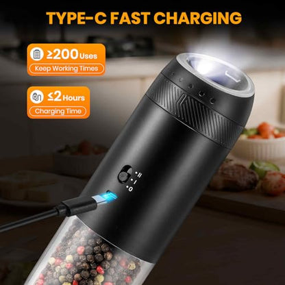 Gravity Electric Salt Grinder Set w/Variable Speed,Black 2 Pack | with Variable Grinding Speed, External Adjustable Coarseness, One Hand Operation, Upgraded Larger Capacity,White LED Light - color: Black