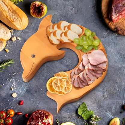 Charcuterie Board Platter Dolphin - Wooden Serving Tray for Cheese Fruit Snacks, 4-Compartment Ocean Theme Decorative Natural Wood Plates for Party Housewarming Gift Home Kitchen Supplies
