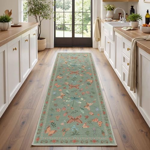 2x6 Green Floral Runner Rug for Hallways Kitchen | Soft,Machine Washable & Non Slip,Low Pile,Ideal for Girls Room, Nursery,Kids Room - color: Green, size: 2' x 6' (Runner)
