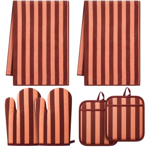 6 Pcs Caramel Brown Striped Oven Mitt Pot Holder Towel Set | Stripe Kitchen Accessories Decoration Gift Farmhouse Dish Towels Heat Resistant Oven Gloves Pot Holder with Hanging Loop - color: Caramel Brown
