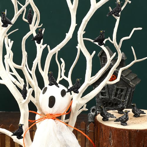 JUNEBRUSHS 50 Pcs Black Mini Resin Crow Halloween Table Decorations | Tiny Crows Figurines, Halloween Bird Ornaments, Tiered Tray Vase Filler Crafts, Party Favors - style: Halloween Style