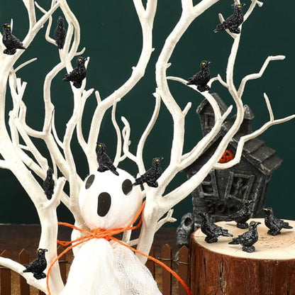 JUNEBRUSHS 50 Pcs Black Mini Resin Crow Halloween Table Decorations | Tiny Crows Figurines, Halloween Bird Ornaments, Tiered Tray Vase Filler Crafts, Party Favors - style: Halloween Style