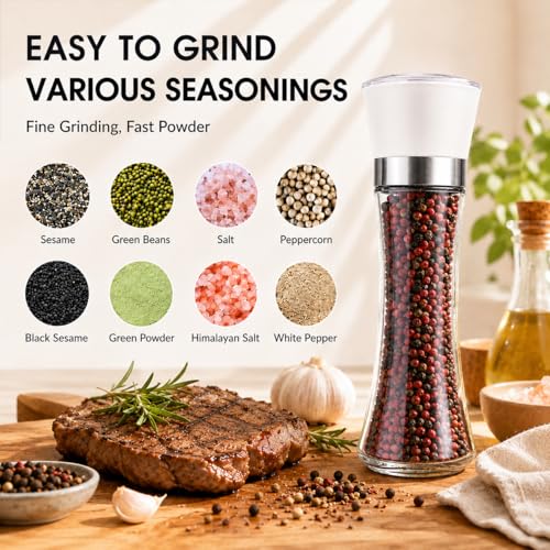 Premium Salt and Pepper Grinder Set of 2, 6 oz Refillable Glass Salt and Pepper Shakers with Adjustable Ceramic Grinder, Manual Pepper Mill Set Includes Funnel & Cleaning Brush, Transparent Lid - color: White, size: 2.5"W x 7.5"H