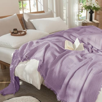 MooMee 100% Cotton Muslin Blanket, Fringed 4-Layer Gauze Bed Couch Throw | Soft Breathable Lightweight Thin Coverlet Summer Blankets for Adults, Bed & Couch All Seasons, Light Purple, 50" x 60" - color: Light Purple, size: Throw